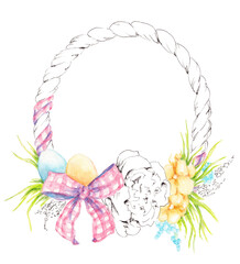 Hand drawn aquarelle and line art colorful illustration. Rustic watercolor artwork. Spring Easter wreath, basket with flowers, painted eggs, bow, grass. PNG with transparent background, no shadow.