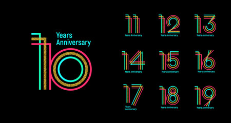 10th anniversary set 11 12 13 14 15 16 17 18 19 vector template. Designs for birthday parties, greeting cards and invitations.