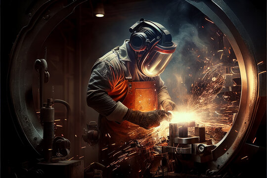 A Workshop Worker In Overalls Is Engaged In Welding Work