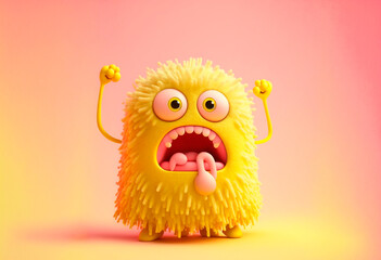 Monstruo adorable tridimensional peludo amarillo, concepto ira, miedo, ansiedad emocional, sobre fondo rosa, generative ai.