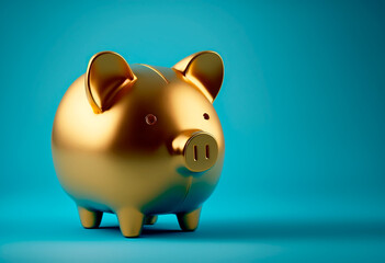 Hucha de cerdo dorada sobre fondo azul, concepto de negocios, finanzas y ahorros, generative ai.
