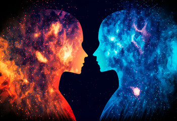 Siluetas de hombre y mujer con colores y textura neón, en concepto de conexión espiritual espacial astral galáctica,  generative ai.