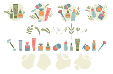Collection of hand-drawn graphics for branding, labels, and social media. Cosmetic jars, plants, herbs. 