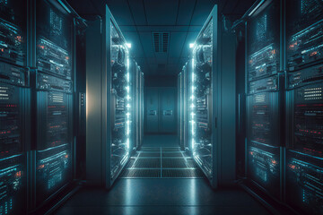 Fototapeta na wymiar Dark blue server room datacenter with flashing led lights, Generative AI