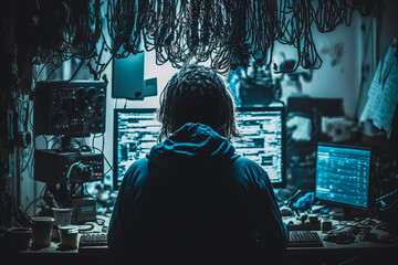 Obraz premium Cracking the code: inside a hackers dark and dirty room, Generative AI