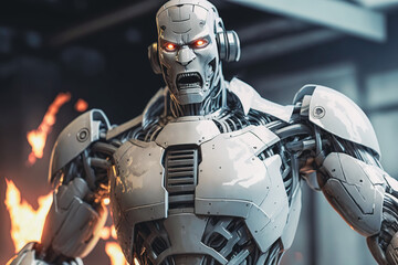 Machine uprising: angry humanoid robot screaming in rage with fire in background, Generative AI