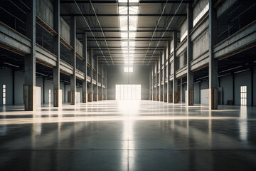 Large empty warehouse with columns and a window, Generative AI