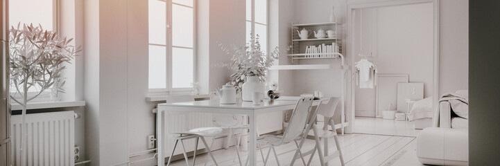 Modern interior of dining room with handcrafted wooden table design,