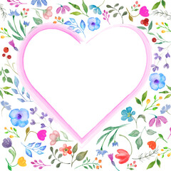 Watercolor flowers heart frame. Hand drawn floral illustration. Background for greeting cards, invitation.