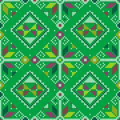 Filipino traditonal embroidery style inspired vector seamless pattern - Yakan cloth geometric textile or fabric print design from Philippines in green
