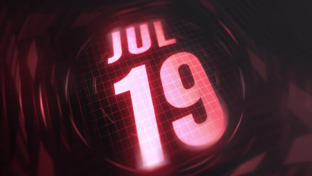 19 July in 3d motion graphic. Infrared calendar in futuristic and tech glowing neon for takes, commemoratives in led and etc. 4k in loop