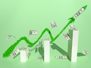 Graph with dollar. Money income infographics concept. 
A $100 bill rocket flies over stacks of money, the green smoke behind it shows a broken line in the form of an infographic. 3D render.