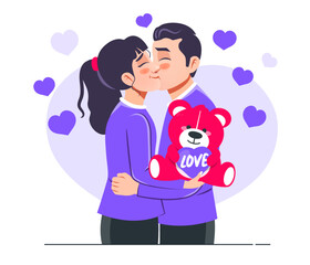 A man gives his girlfriend a teddy bear on teddy day, Couple in love relationship celebrate romantic holiday. Flat style vector Illustration scene isolated on white background for blogging, website.