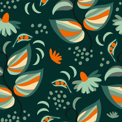 Nature, mystical forest, abstract plants, leaves.  Seamless pattern, green, orange colors. Hand drawn, vector