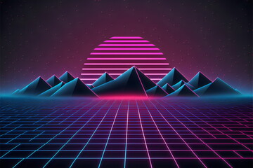 vaporwave 80s mountains and sun in neon grid, tron style, generative ai