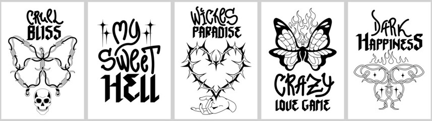 Black and white silhouette posters and prints. Barbed goth wire heart, butterfly, skull, fire. Mix of graffiti hand drawn and gothic typography. Y2K weird glamour psychedelic 1990s, 2000s graphic