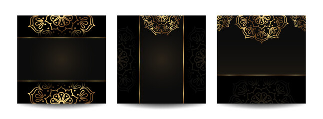 Vector square premium banner with gold mandala and empty space. Luxury dark background with copy space