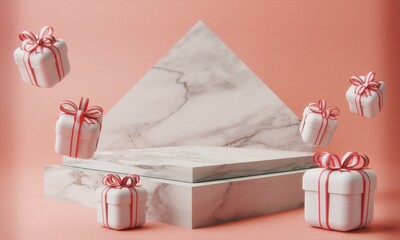 Realistic design minimal scene cosmetic pastel background with gift box ribbon product presentation.shopping online on mobile,Merry Christmas New Year.3D rendering illustration