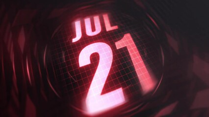 21 July in 3d motion graphic. Infrared calendar in futuristic and tech glowing neon for takes, commemoratives in led and etc. 4k in loop