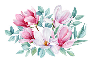 Flowers set with magnolia flowers and eucalyptus leaves. Floral Isolated elements. Watercolor Botanical illustration