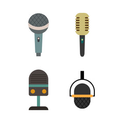 Set podcast microphone illustration. Modern and old vintage mic icons. Music or podcast recording.