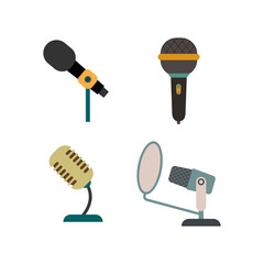 Set podcast microphone illustration. Modern and old vintage mic icons. Music or podcast recording.