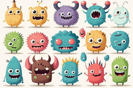 set of cartoon characters,happy and smile, cute monsters, white background, vector illustration, Made by AI,Artificial intelligence
