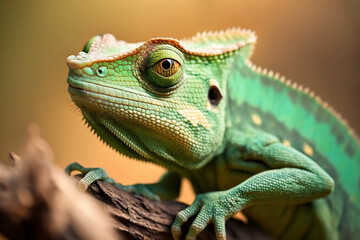 Fototapeta premium Green Chameleon with eye looking into the camera detailed skin, Generative Ai 