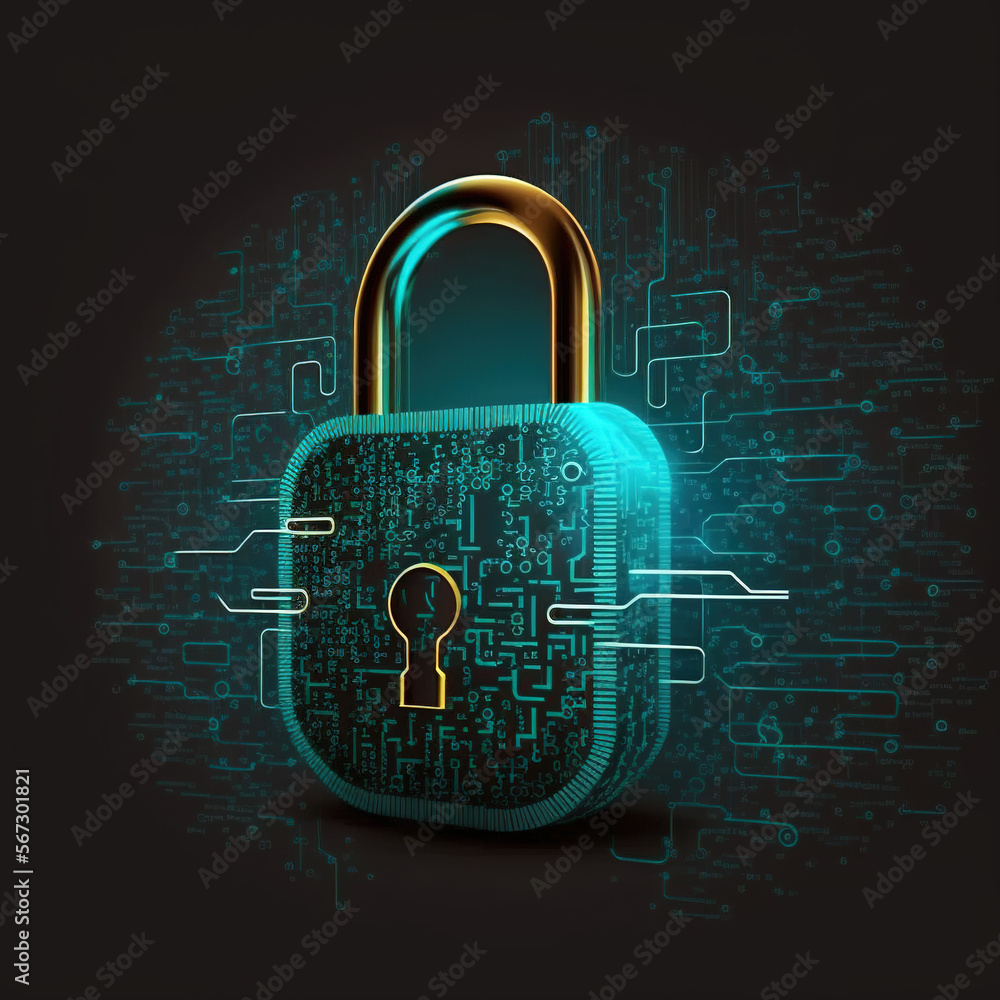 Poster cybersecurity padlock, digital lock on technology network data protection, generative ai