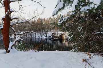 The snowy bank of an old flooded quarry. Olsovec. Central Moravia. Czechia.