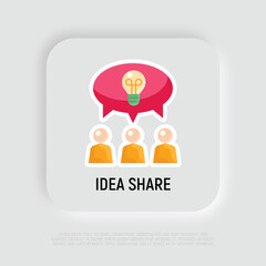 Idea sharing flat icon. Group of people is brainstorming. Teamwork. Speech bubble with light bulb. Modern vector illustration.