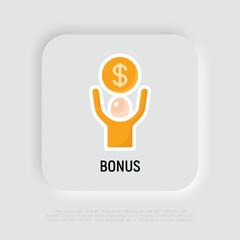 Financial bonus flat icon: man holding dollar coin in hands. Salary, profit, earnings. Modern vector illustration.