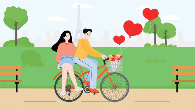 Young girl and boy cycling in the park with Eiffel Tower view. Couple activity at the park. Valentine's Day poster design. Love relations concept idea. Cartoon flat vector design.