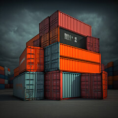Fototapeta premium stacked container boxes in the yard with a container stacker crane Container loading cargo freight in an industry logistics company that conducts import and export business, generative ai