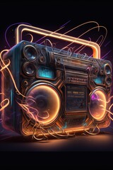 Abstract ghettoblaster, boombox retro vaporwave design with raylights. Generative AI