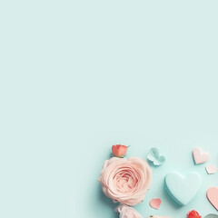 Beautiful Roses and Hearts Romantic Composition on Solid Pastel Turquoise Background. Valentines Day greeting card design. Topview, Flat lay. Square Format. Digital Art Illustration.