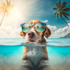 Dog wearing sunglasses at the beach during the summer. Generative AI.