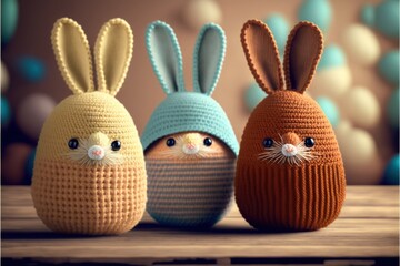 Easter eggs in crochet hats with bunny ears, generative ai - obrazy, fototapety, plakaty