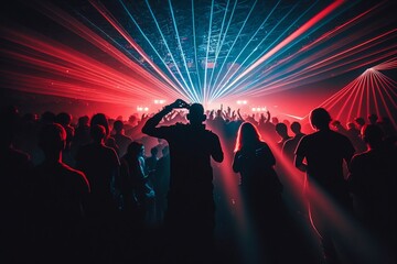 danseurs dans un club, ou rave party avec spectacle laser - illustration ia - obrazy, fototapety, plakaty