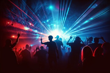 danseurs dans un club, ou rave party avec spectacle laser - illustration ia