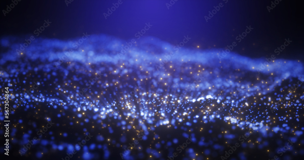 Poster abstract blue glowing energy waves from particles and magical dots with blur effect on dark backgrou