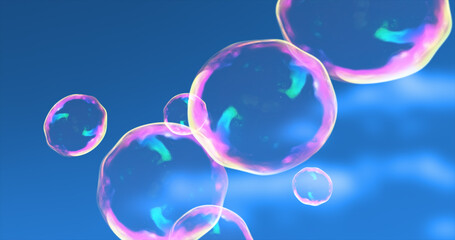 Abstract transparent soap bubbles flying up bright iridescent beautiful festive against the blue sky. Abstract background