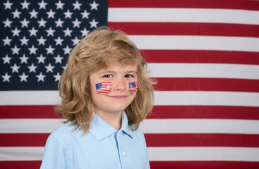 American flag on child cheek, independence day 4th of july. United States of America concept. Fourth of july independence day of the usa. Portrait of american patriot child. Fourth of july.