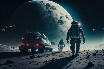 futuristic astronaut standing on the moon with space ship, Generative AI