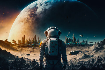 futuristic astronaut standing on the moon with new town, Generative AI