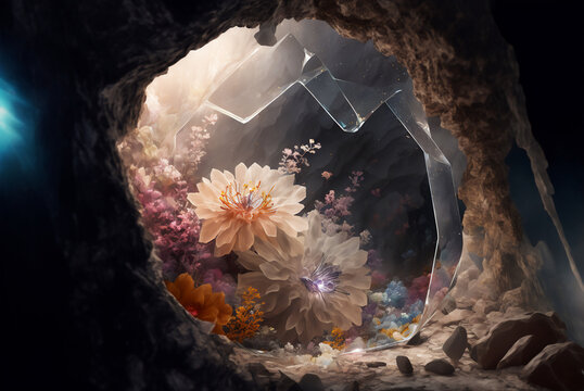 Inside the transparent crystal cave with flowers inside. made with generative AI