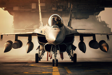 Modern fighter jet ready for take off on a naval aircraft carrier. War concept. armed conflict. Generative AI