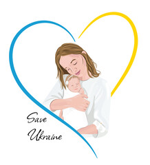 Save Ukraine. Mother with baby on her hand. War in Ukaine. Ukrainian refugees.