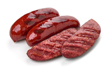 German traditional grilled sausages, close-up, isolated on white background.