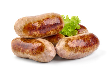 Grilled pork bangers, isolated on white background.